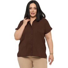 Disentis Modest Büyük Beden Tek Cepli Kısa Duble Kollu Kahverengi Gömlek