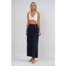 Lijuri Düğme ve Pileli Geniş Paça Pantolon   0125