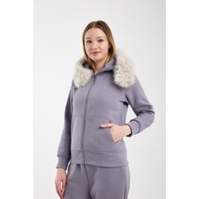 Afri Kadın Gri Kapüşonu Kürklü (Çıkarılabilir) Fermuarlı Sweatshirt ve Eşofman Altı Takım