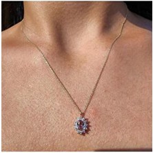 Fasek Gold Gümüş Kolye - 0.95 Ct Zultanit 0.25 Ct Pırlanta(Signity)Taşlı Anturajlı Vintage 925 Ayar Gümüş Kolye
