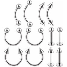 Jaida Moda Gümüş Renk Cerrahi Çelik Piercing 12'li Set Parlak Yüzeyli Tasarım