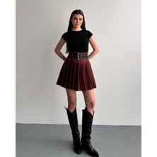 My Lunessa Çift Kemerli Içi Şort Astarlı Kahverengi Mini Etek