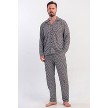 Vienetta Erkek Önden Düğmeli Uzun Kol Siyah %100 Pamuk Pijama Takımı C1T6N0405