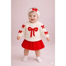 Mihrumay Kız Bebek ve Çocuk Fiyonklu Etekli Kazaklı Saç Bantlı 3'lü Takım