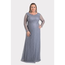 Lilas Xxl Kadın Büyük Beden Kalp Yaka Uzun Kollu Abiye Elbise 9471 Gri