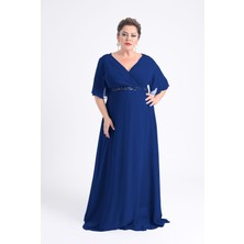 Lilas Xxl Kadın Büyük Beden Uzun Şifon Abiye Elbise 9510 Lacivert