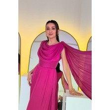 Zks Grup Tekstil-Kadın Degaje Yaka Dökümlü Pelerin Kollu Uzun Abiye Elbise Lacivert,siyah,su Yeşili,fuşya
