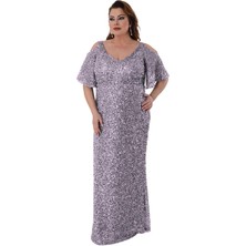 Lilas Xxl Kadın Büyük Beden Full Pul Payet Işlemeli Yarım Kol Maxi Boy Abiye Elbise 2530 Lila