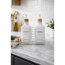 Makri Home Stantlı Bambu Kapaklı Ikili Cam Sıvı Sabunluk & Deterjanlık Seti – 2×500 Ml, 22,5 × 8,5 × 24 cm