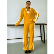 Kadın Hardal V Yaka Beyaz Çizgi Detaylı Kazak Alt-Üst Pantolonlu Takım