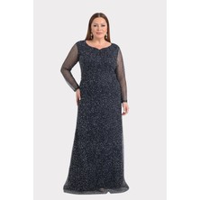 Lilas Xxl Kadın Büyük Beden Kalp Yaka Uzun Kollu Abiye Elbise 9471 Siyah