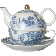 Mavi Beyaz Barok Desenli Porselen Tek Kişilik Demlik ve Fincan Seti