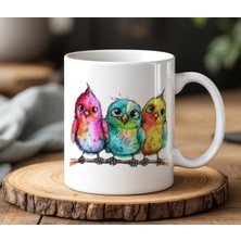BB Design Renkli Kuş Tasarımlı Beyaz Seramik Baskılı Kupa Bardak 330 ml