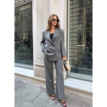 Asfa Moda Kadın Gri Oversize Kruvaze Blazer Ceket Çift Düğmeli Ofis Şık Klasik  Ceket