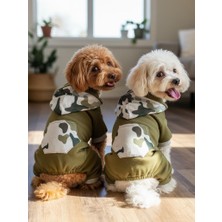 Kemique Kamuflaj Desenli Köpek Tulumu | Kapüşonlu | Pamuklu Polar Kumaş | Haki Yeşil | Küçük Irklar Için