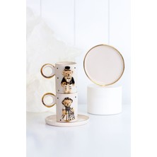 Siyah Beyaz Ayıcık Desenli El Yapımı Seramik Kafe Fincan Takımı