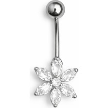 Beyaz Çicekli Minimalist Göbek Piercing