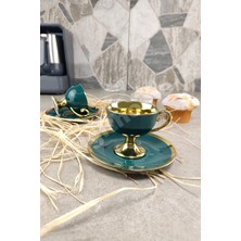 Yeşil Porselen 2 Kişilik Yaldızlı Kahve Fincan Takımı