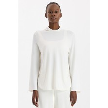 Yüksek Yaka Cepli Uzun Kollu Hafif Sweatshirt Kırık Beyaz