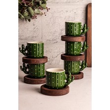 El Yapımı Seramik ve Ahşap Türk Kahvesi Fincan Seti, 12 Parça, 6 Kişilik