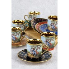Renkli Gold Barok Figürlü 6 Kişilik Porselen Kahve Fincan Takımı