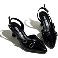 Kadın Siyah Rugan Çift Bantlı Toka Detaylı Abiye Stiletto Klasik Topuklu Ayakkabı