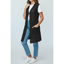 Ece Giyim Kadın Önü Üç Düğmeli Cepli Uzun Dantel Yelek