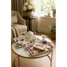 Makri Home 2 Adet Çizgili Desenli Servis Tepsisi 38X28X3,5 Cm, Siyah-Beyaz ve Bordo