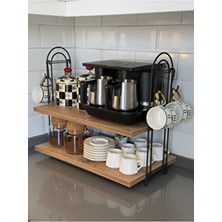 Kahve Makinesi Rafı Oval Çam Tezgah Üstü Kahve Köşesi Rafı Mutfak Rafı Iki Kat Askılı