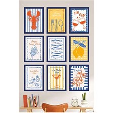 UNT Retro Deniz Temalı 9 Parça Mdf Duvar Tablo Seti - Mutfak ve Kafe Dekoru - Uv Baskı 15X20 cm