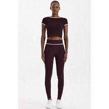 COMEUP Kadın Spor Tayt Burgundy Renkli Kontrast Biyeli Toparlayıcı Özellikli Slim Kalıp