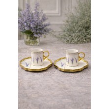 Iki Kişilik Porselen Türk Kahve Fincan Takımı Seti Yaldızlı Sunum Tabaklı