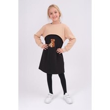 Perendi Kız Çocuk Ayıcık Nakışlı Elbise ve Crop Sweatshirt – Bej