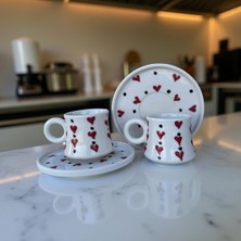 Kırmızı Kalpli Desenli 2 Kişilik Türk Kahvesi Fincanı Takımı