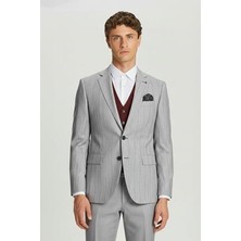 Sabri Özel Giotelli Erkek Gri Normal Kesim Regular Fit Viskon Çizgili Mono Yaka Yelekli 6 Drop Takım Elbise