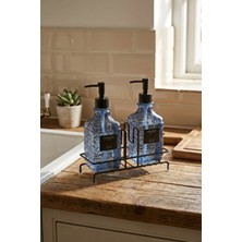 Makri Home Modern Kabartma Desenli Cam Ikili Sıvı Sabunluk & Deterjanlık Seti, Mavi - 500 ml Cam Sabunluk