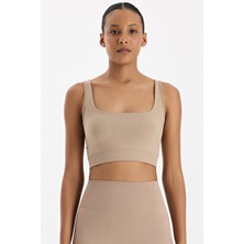 U Yaka Kalın Askılı Pedli Sporcu Sütyeni Vizon