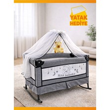 Katlanır Mini Park Beşik Sallanır Anne Yanı Bebek Beşiği 50X80 Gri Metal Tüllü Yatak Hediyeli
