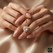 Stainless Steel 316L Çelik Gold Renk Beyaz Zirkon Taşlı Kalp Kolye