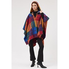 Buly Cozy Soul Kadın Kapüşonlu Panço Çok Renkli Desenli Rahat Kesim Dış Giyim