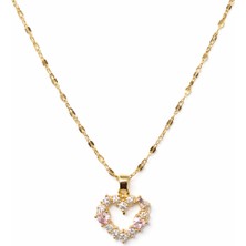 Altın Renkli Zincir Detaylı Kalp Pembe Kolye