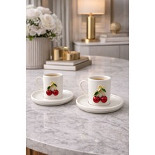 2 Kişilik Beyaz Porselen Kiraz Desenli Kahve Fincan Takımı