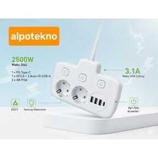  2500w güçlü akım korumalı 3 usb + type-c portlu çoklu priz | hızlı şarj, çocuk kilidi, 850°c yanmaz