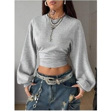Tarz Cool Kadın Gri Bisiklet Yaka Sweatshirt Uzun Kollu Düz Desenli Belden Oturtmalı