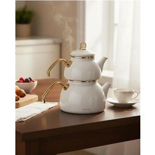 Onedekor Premium Dembu Emaye Çaydanlık Demlik Seti White Gold