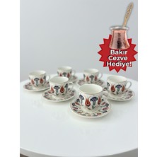 6 Kişilik Topkapı Desenli Porselen Kahve Fincanı Takımı ve Bakır Cezve