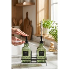 Makri Home Modern Kabartma Desenli Cam Ikili Sıvı Sabunluk & Deterjanlık Seti, Yeşil - 500 ml Cam Sabunluk