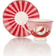 Pembe ve Kırmızı Desenli Kuş Figürlü Porselen Kahve Fincanı