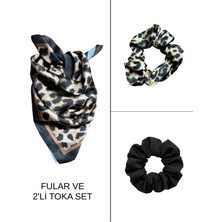 Tarzını Seç Kadın Dijital Baskılı Leopar Fular & Simit Toka Seti – 1 Fular (48×48 Cm) + 2 Simit Toka