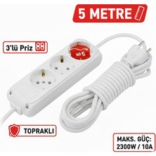 5 Metre Kablolu Topraklı Ara Kablosu Uzatmalı Seyyar 3lü Grup Priz